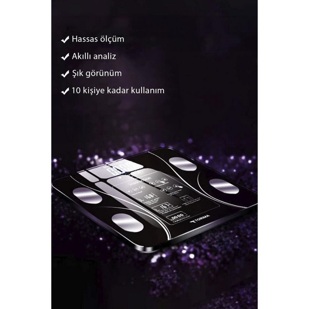 TORIMA XK-26C SİYAH DİJİTAL BASKÜL YAĞ KAS SU VÜCUT KİTLE İNDEKSİ KİLO ÖLÇER BLUETOOTH TARTI