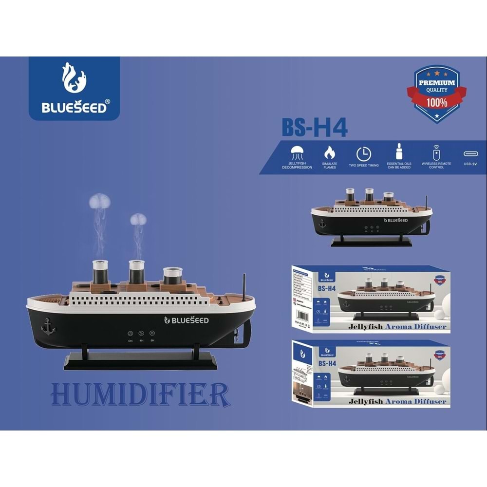 BLUESEED BS-H4 NOSTALJİK GEMİ TASARIMLI IŞIKLI BUHARLI ULTRASONİK HAVA NEMLENDİRİCİ AROMA DİFÜZÖRÜ KOKU